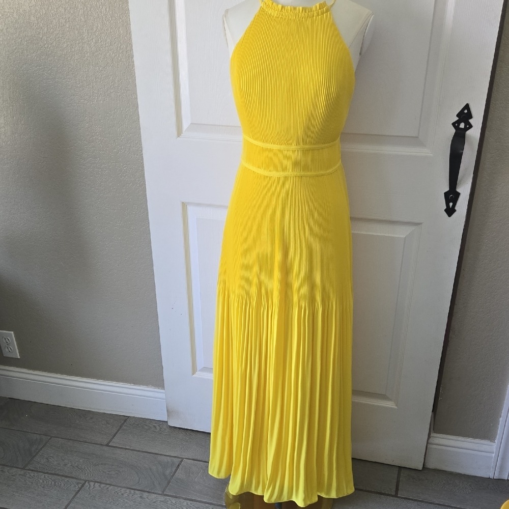 AMUR Yellow Pleated Halter Maxi Dress Ruffle Neck Open Back Size 4 Sustainable